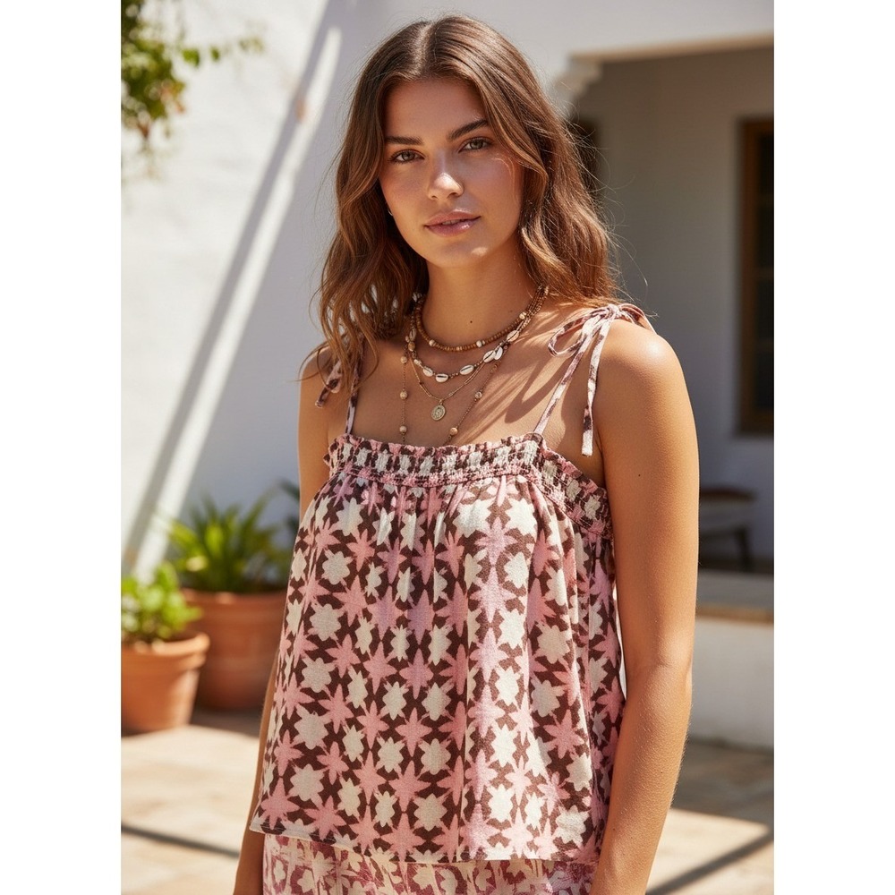 NEW Loft S Tank Top Pink Brown Smocked Tie Cami Boho Coastal Mod Retro‎ Casual